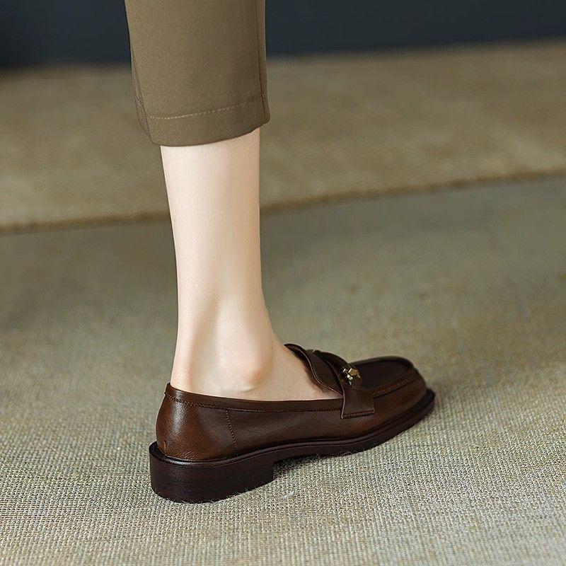 Product Introduction of Super Easy to Wear ~ Real Soft Leather round Toe Vintage Chunky Heel Loafers Women's Spring and Autumn New British Leather Shoes Mid-Heel Shoes 12