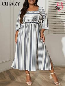 CURVZY Plus Size Autumn Aesthetic Striped Print Split Thigh A Line Dress, Casual 3/4 Sleeve Square Neck Dress for Spring & Fall, Women's Clothes for Daily Wear