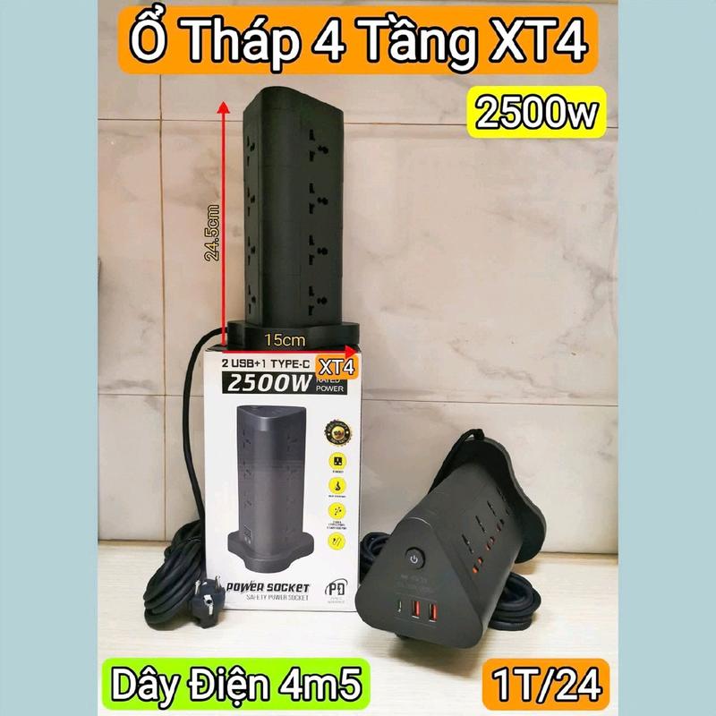 Ổ điện tháp tầng XT Xịn chịu tải 2500W - Dây dài 4,5m - Cổng type-C & USB - Chốt khóa cắm an toàn - Chịu nhiệt cao chống cháy an toàn - BH 3 Tháng