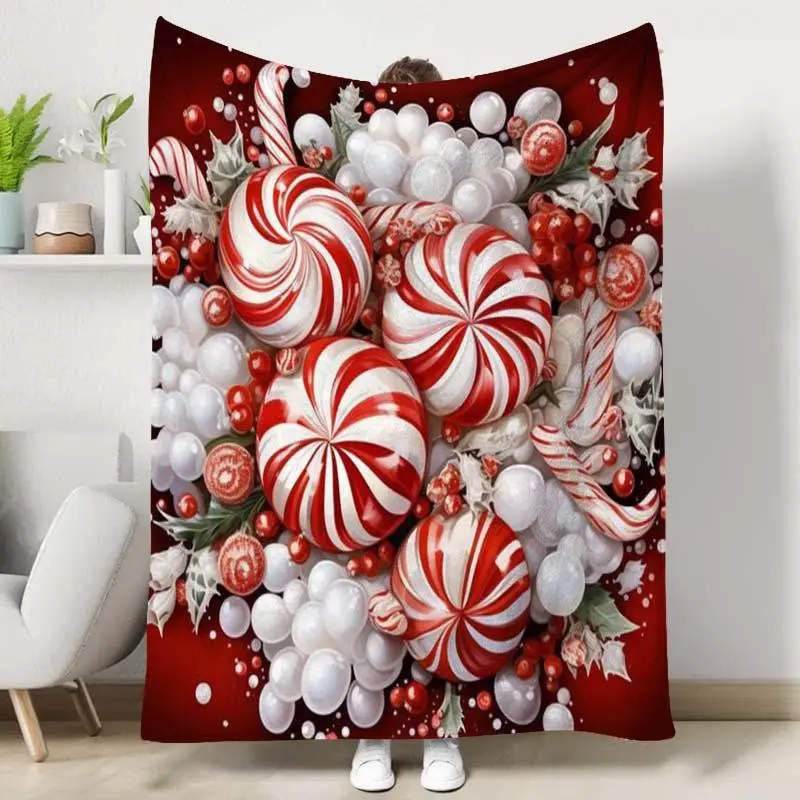 Christmas Themed Candy Cane Pattern Blanket, Soft Warm Throw Blanket, Air-conditioned Room Blanket, Warm Nap Blanket for Home Office Travel