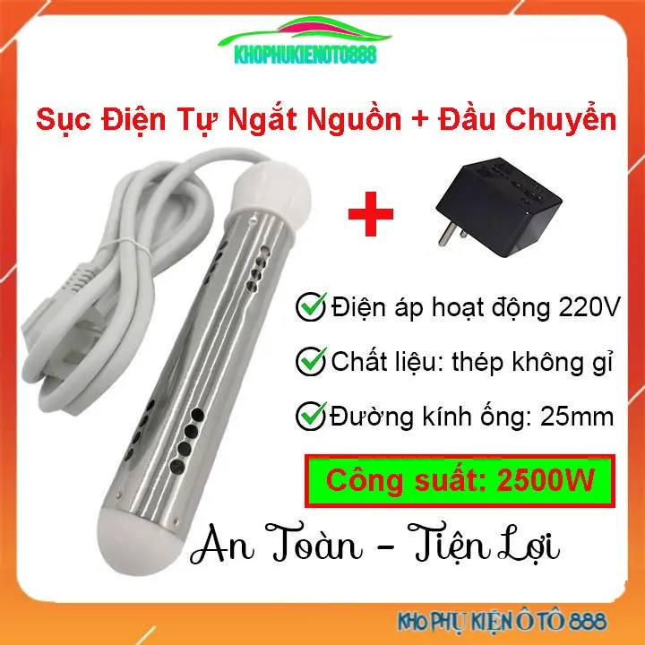 Sục đun nước công suất lớn 2500W dùng điện 220V kèm đầu chuyển đổi 3 chân