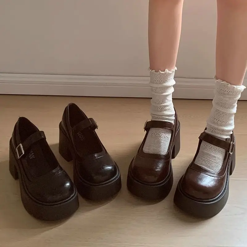 Coklat Retro Perancis Menaikkan Kasut Kulit Kecil Bawah untuk Wanita 2024 Musim Bunga Baru Tumit Chunky Mary Jane Kasut potong cetek Shoes