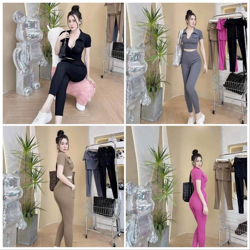 Sét bộ Nữ thun tăm lạnh co giãn dày dặn, Áo túi nắp crop top cổ trụ khoá kéo , quần lưng siêu cao có túi Women 0