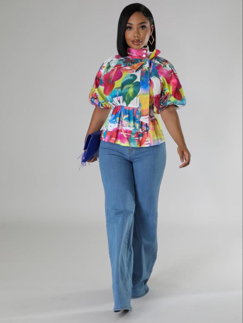 Product Introduction of Women's Floral Print Bow Design Blouse, Casual Top for Summer, Ladies Clothes for Daily Wear 5