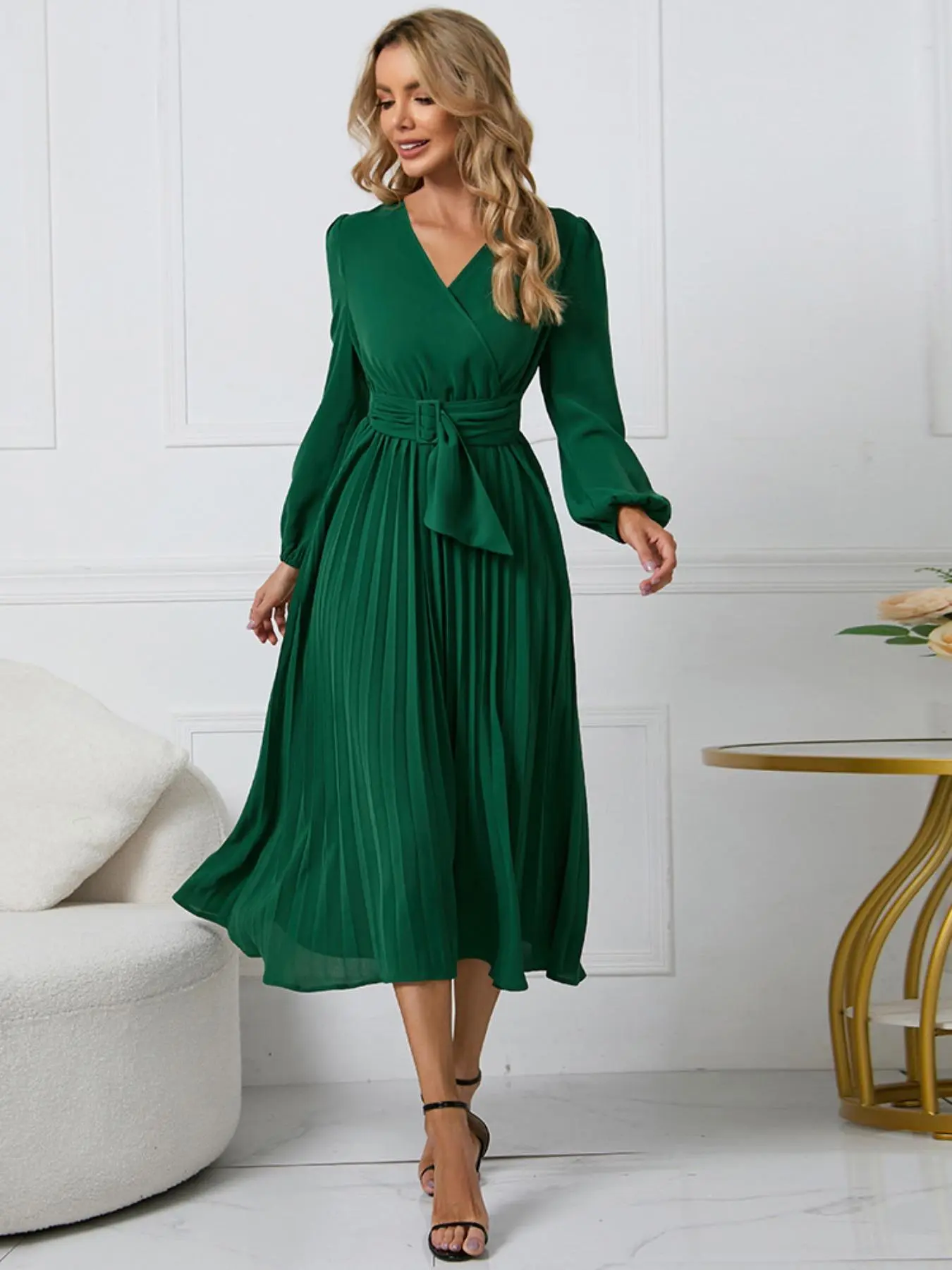 Women's Solid Belted V Neck A Line Pleated Dress, Elegant Bishop Sleeve Midi Dress for Spring & Fall, Women's Clothing for Daily Wear