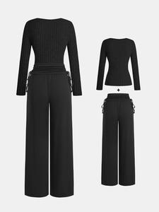 YOZY Women's Solid Tee & Pants Set, Casual Ruched Top & Wide Leg Trousers, Women's Spring & Fall Clothes