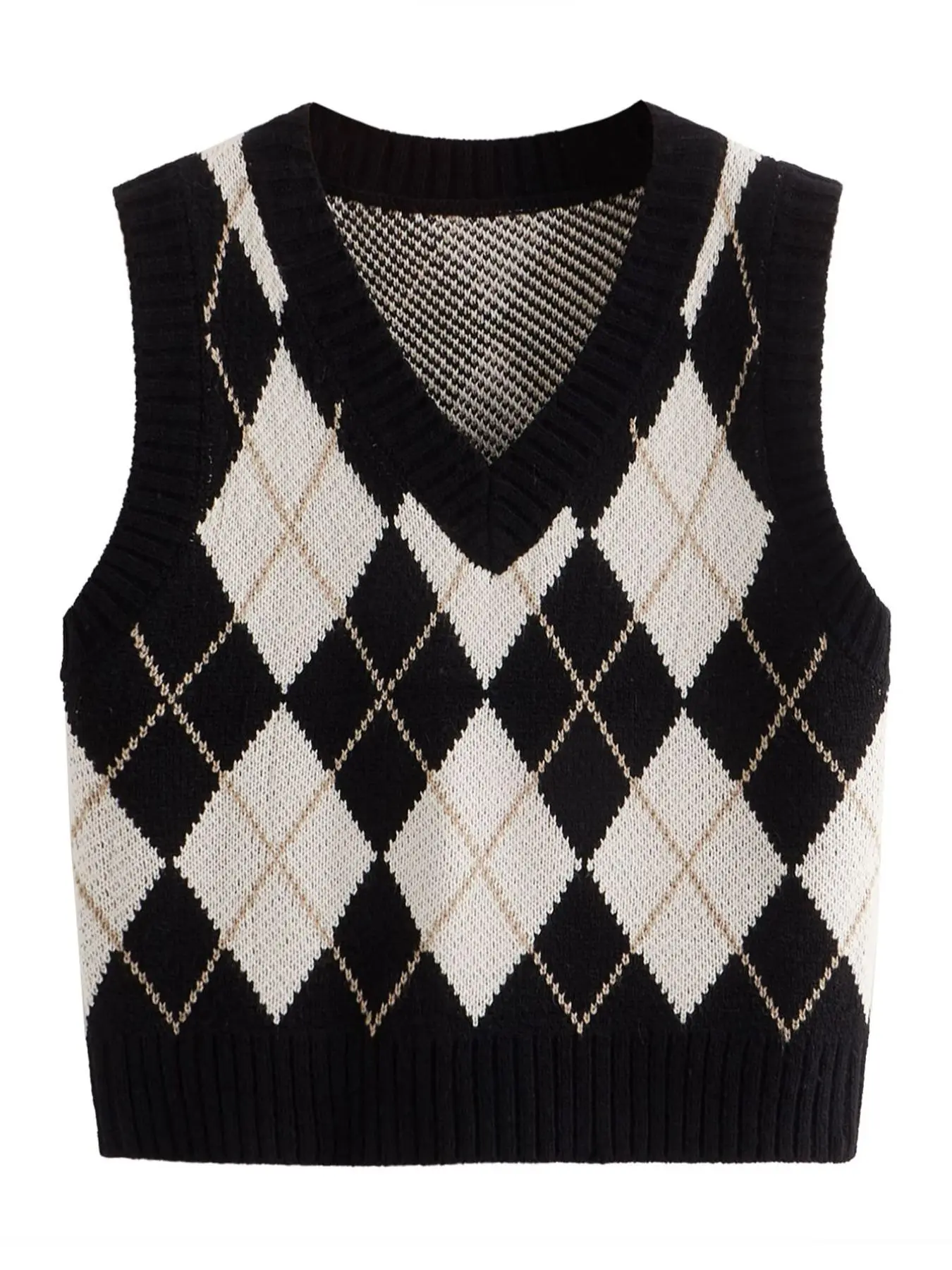 Women's Argyle Print V Neck Knitting Sweater Vest Without Blouse, Comfort Casual Geometric Sleeveless Pullover For Fall & Winter, Women's Lady Knitwear Top For Daily Wear, Womenswear