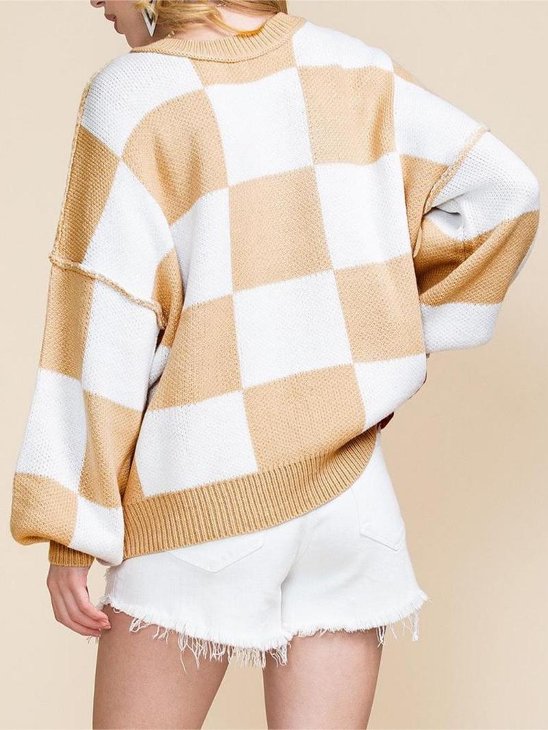 Product Introduction of Women's Plaid Print Drop Shoulder Sweater, Casual Long Sleeve Round Neck Jumper for Fall & Winter, Fashion Ladies' Knitwear for Daily Wear, Going Out Tops 15