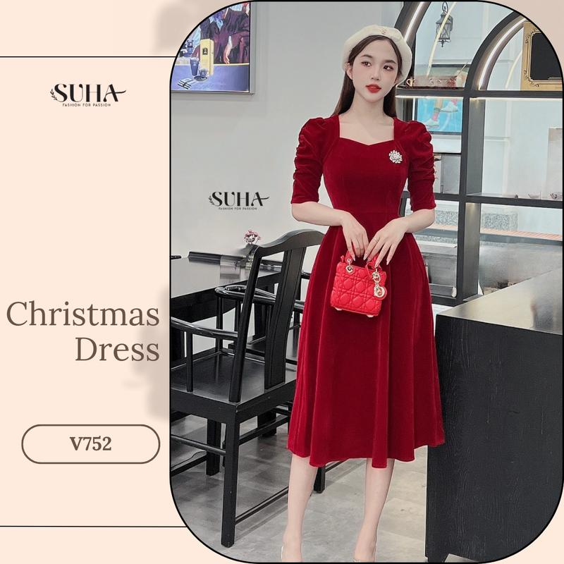 Váy nhung thiết kế tay lỡ dáng xòe che khuyết điểm vải lỳ ko xù phù hợp mặc mùa đông noel giáng sinh lễ tếtV752 Christmas Dress-SUHA FASHION Nữ Đầm Women Cổ Tròn 
