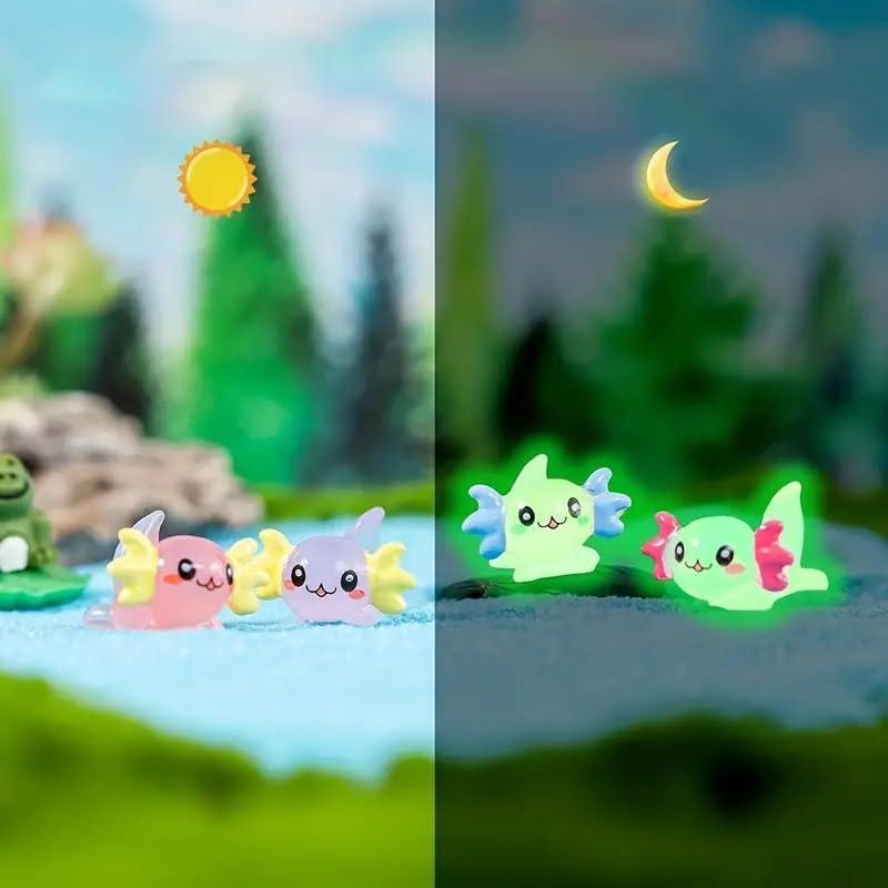 Random Color Luminous Mini Resin Axolotl, 8 Counts Cute Cartoon Glow in The Dark Miniature Figurine, Fun Tiny Animal Ornament for DIY Craft Garden Fairy Landscape Pastel Potted Plants Decoration 3