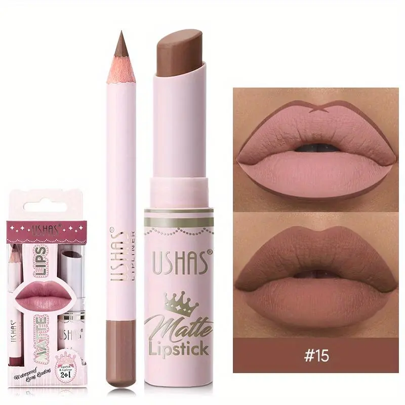 Matte Lipstick & Lip Liner Makeup Set, 2 Counts/set Including 1pc Long Lasting Hydrating Lipstick & 1pc Lip Liner, Waterproof Moisturizing Lip Makeup Kit for Women and Girls, Tipstick Lipstick, Peachesmakeup, Valentine's Day Gift,  Cute Girly Gifts