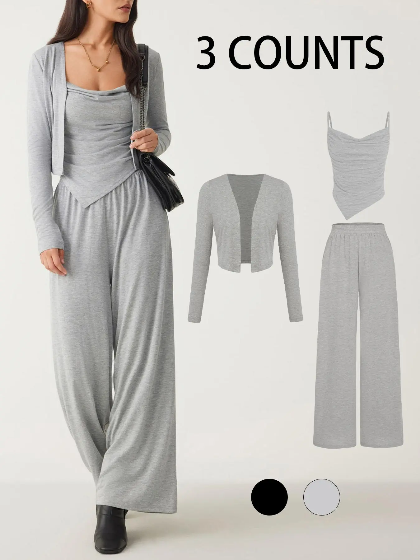 Three-Piece Set Women's Solid Color Ruched Crop Cami Top & Open Front Crop Outwear & Elastic Waist Pants Set, Casual Three-piece Outfits for Spring & Fall, Women's Clothes for Daily Wear