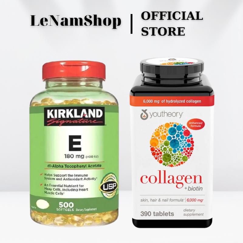 Combo 2 sản phẩm Viên Uống Vitamin E Mỹ 400IU( hộp 500 viên) và  Collagen Biotin Mỹ(Hộp 390 viên) dành cho người lớn - Chăm sóc sắc đẹp, Hỗ trợ dưỡng da