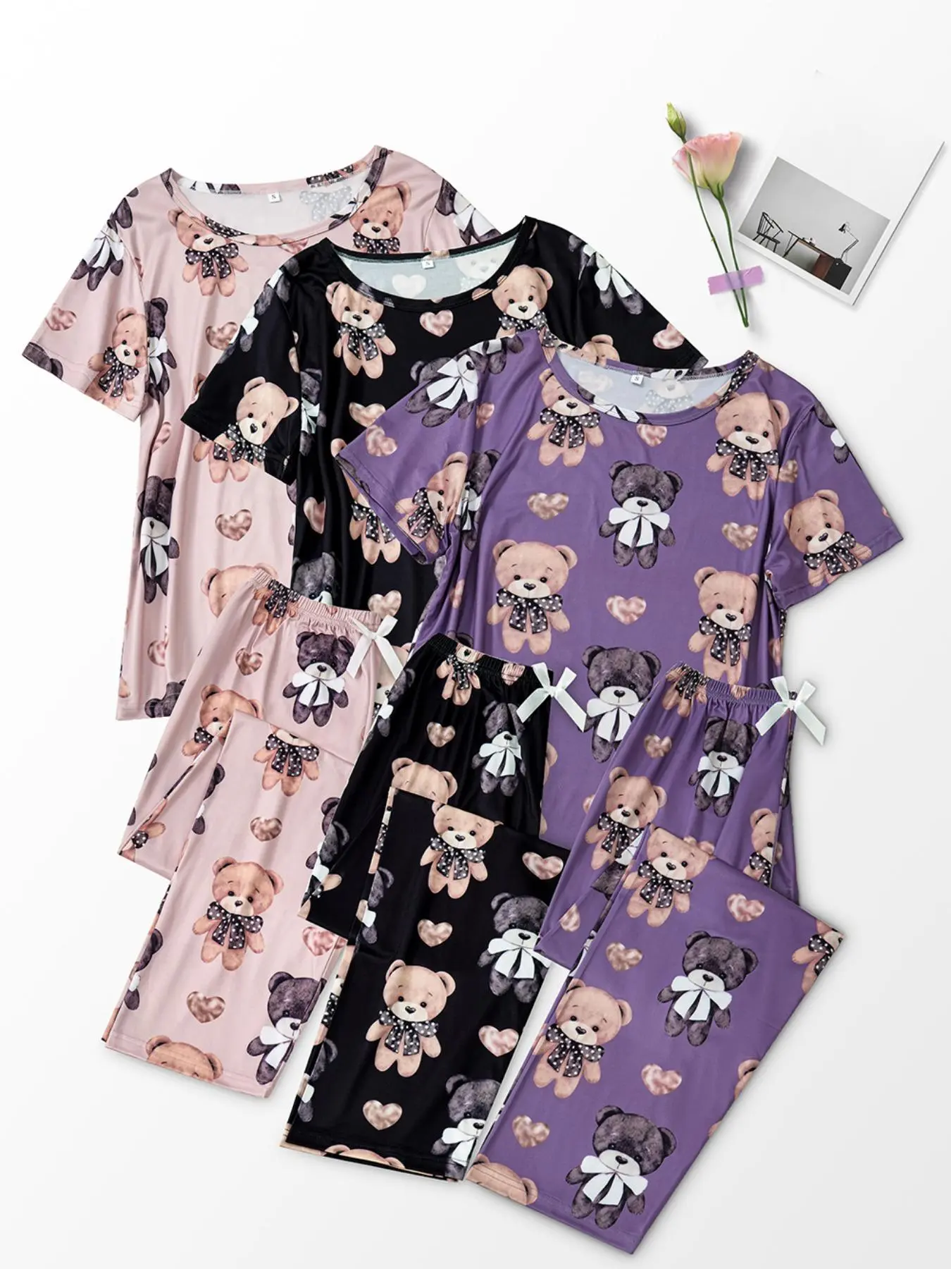 Women's Cartoon Bear Print Short Sleeve Tee & Pants Pajama Set, Casual Comfy Round Neck T-shirt & Elastic Waist Trousers Pj Set, Ladies Sleepwear for All Seasons, Matching