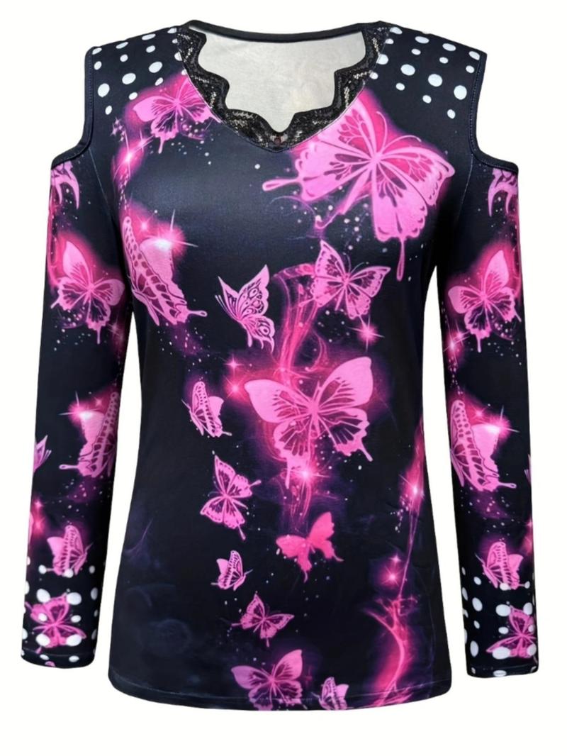 Product Introduction of Women's Butterfly Print Cold Shoulder Tee, Casual Long Sleeve T-shirt for Spring, Women's Top for Daily Wear 3