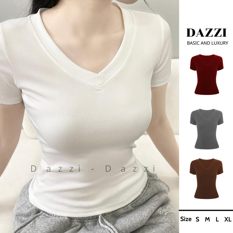 Áo thun trơn nữ cổ tim vải thun gân tăm DAZZI form ôm hách dáng babytee Women Top A018