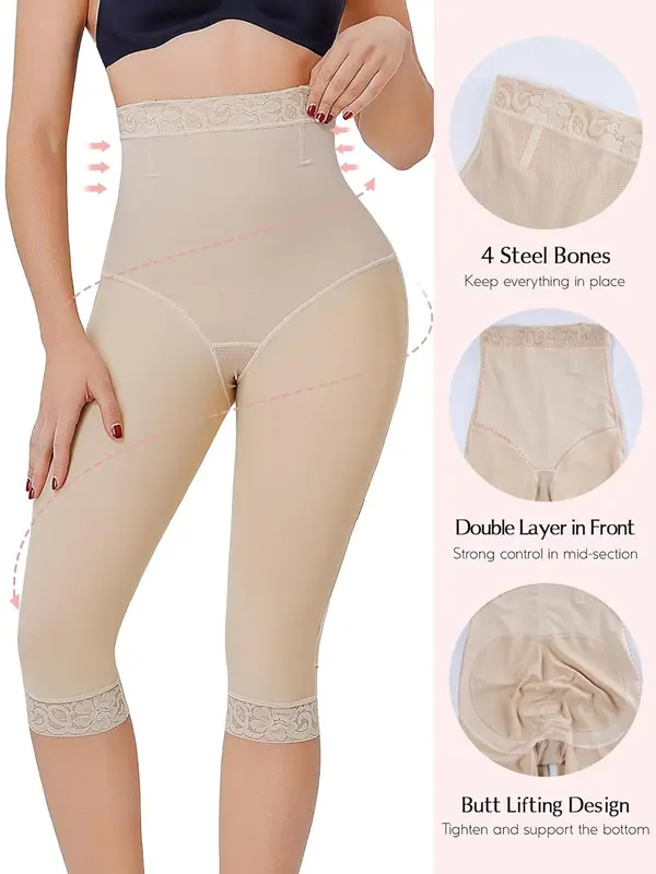 Women's Solid High Waist Contrast Lace Shapewear Bottom, Tummy Control Butt Lifting Shapewear Bottoms, High Stretch Shaper for Daily Wear 2