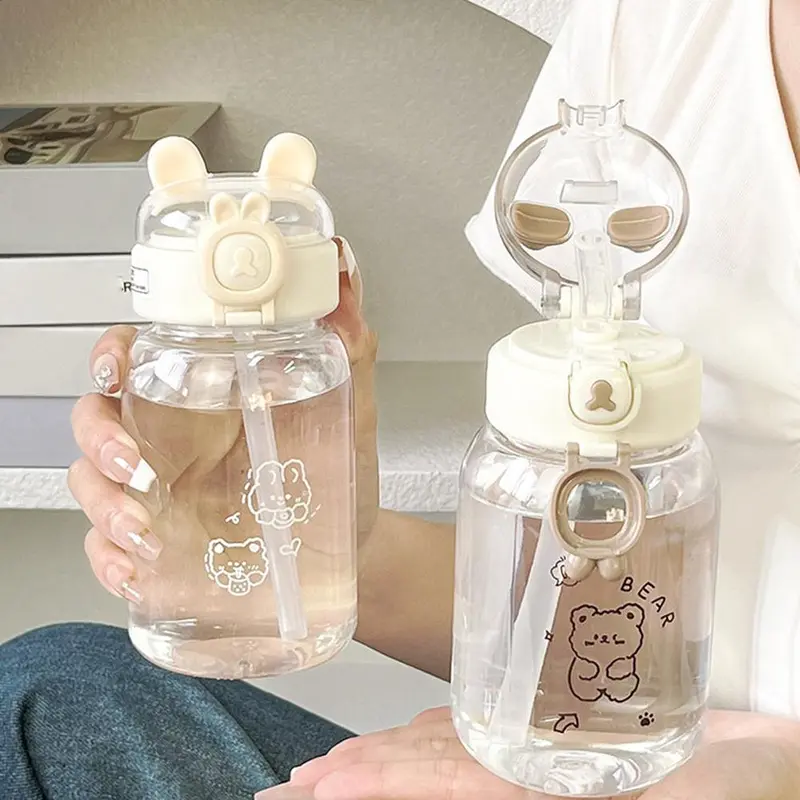 Bình Nước Dễ Thương, Dung Tích 500ML, Dành Cho Trẻ Em, Có Ống Hút Và Dây Đeo, Thiết Kế Hoạt Hình, Làm Bằng Nhựa, Cầm Tay, Thích Hợp Cho Trường Học, Bình Nước, Không Chứa BPA, Bình Uống Nước 4