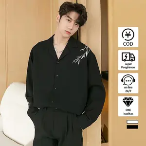 Kemeja hitam Pria Lengan Panjang Desain bordir daun bambu kemeja vintage Kasual kemeja putih baju pria Distro Formal Kerja Dewasa Kantor