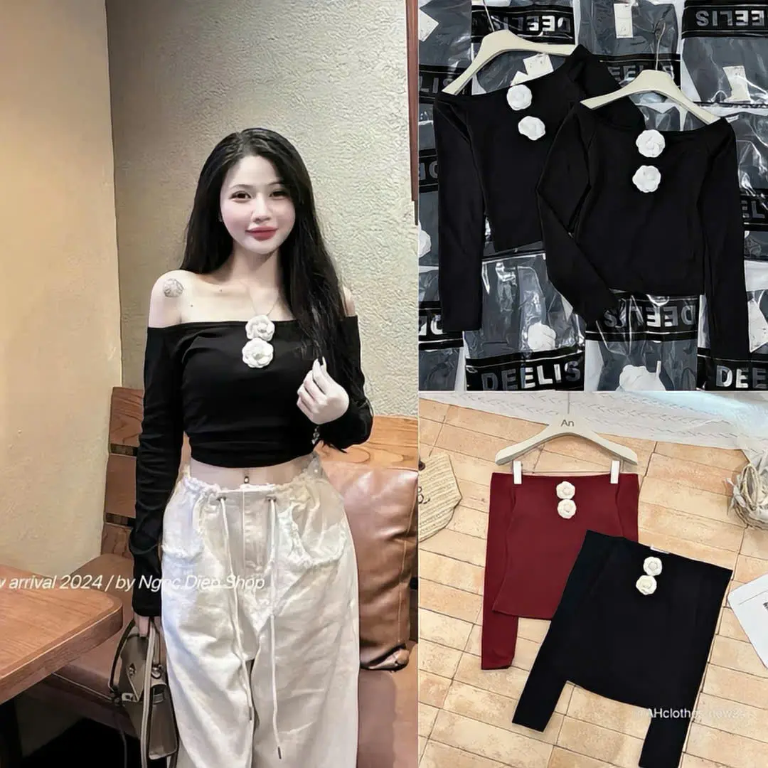 Áo croptop nữ kiểu trễ vai tay dài dáng ôm, họa tiết hoa độc đáo, thiết kế trẻ trung hiện đại Voi Women Voan