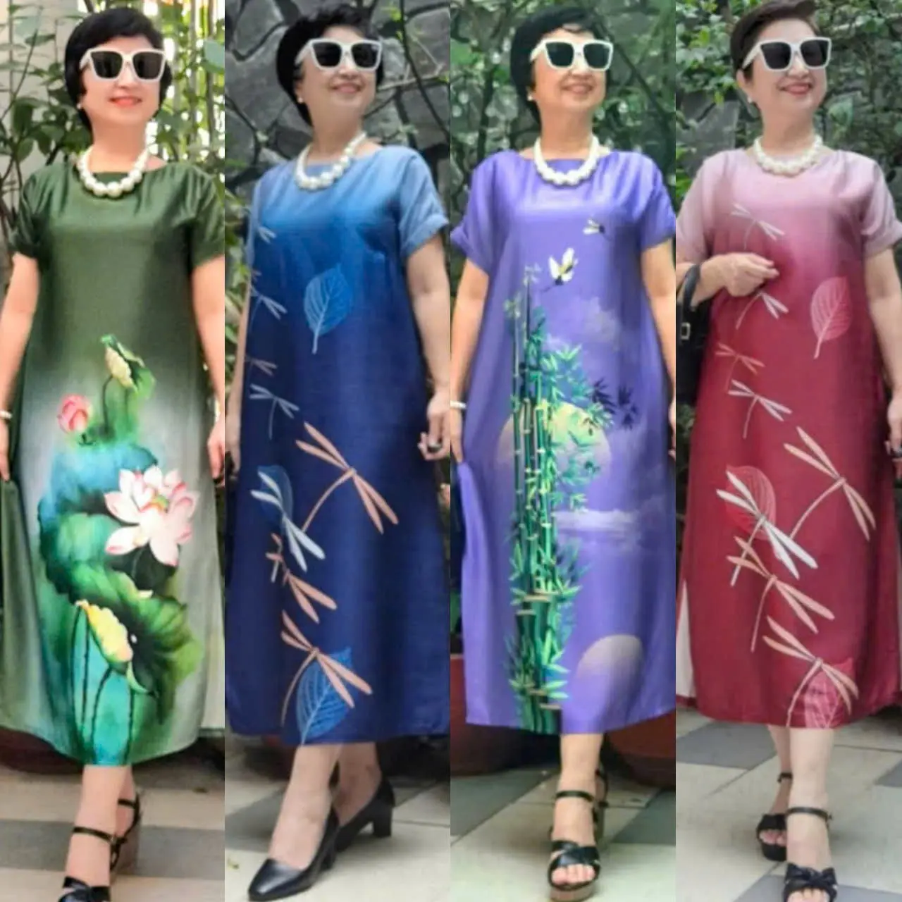 Váy Đầm Trung Niên Form Dài Xẻ Tà, Chất Lụa Cao Cấp Sang Trọng, 2 Túi Hông, Dây Kéo Tốt, Size Từ 50kg-90Kg. Nữ Women