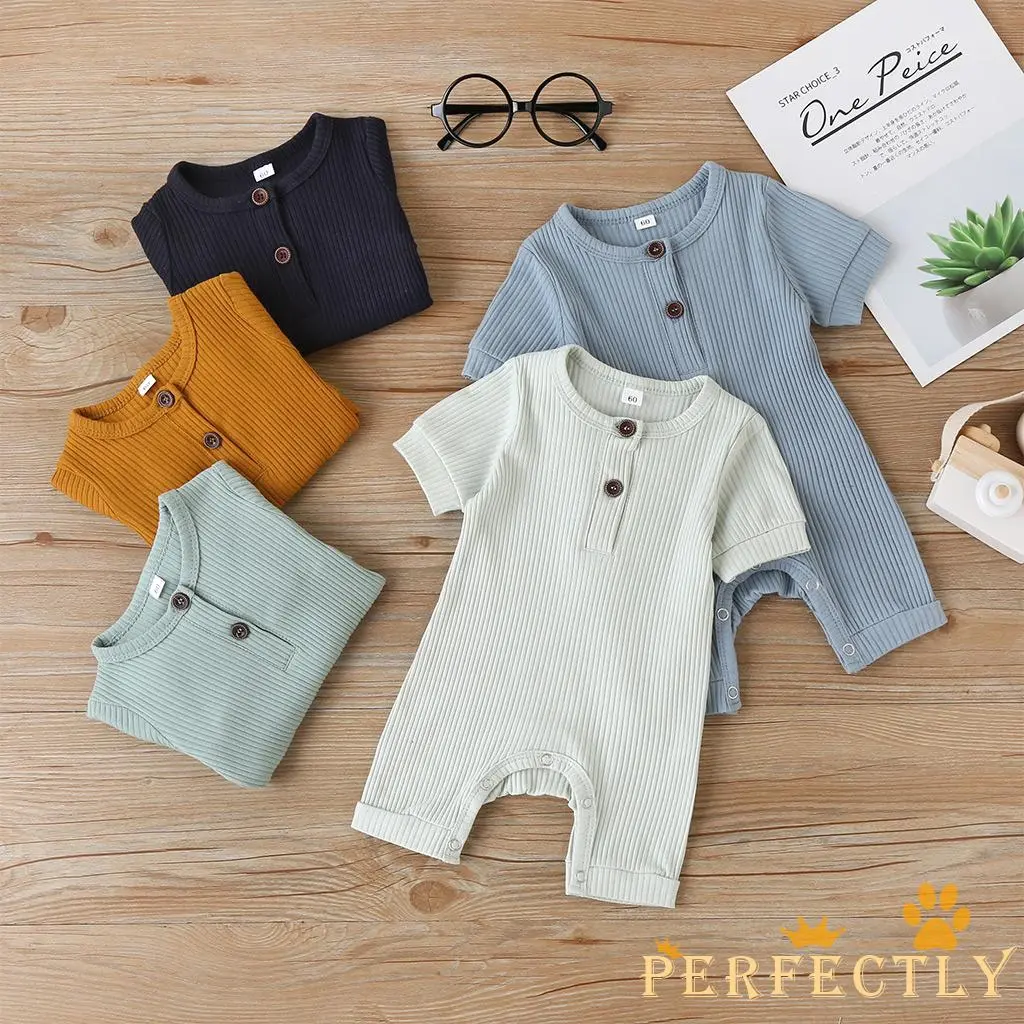 Perfectly-Infant Baby Romper One Piece Knitted Rib Short Sleeves Summer Outfits 0-18 Months