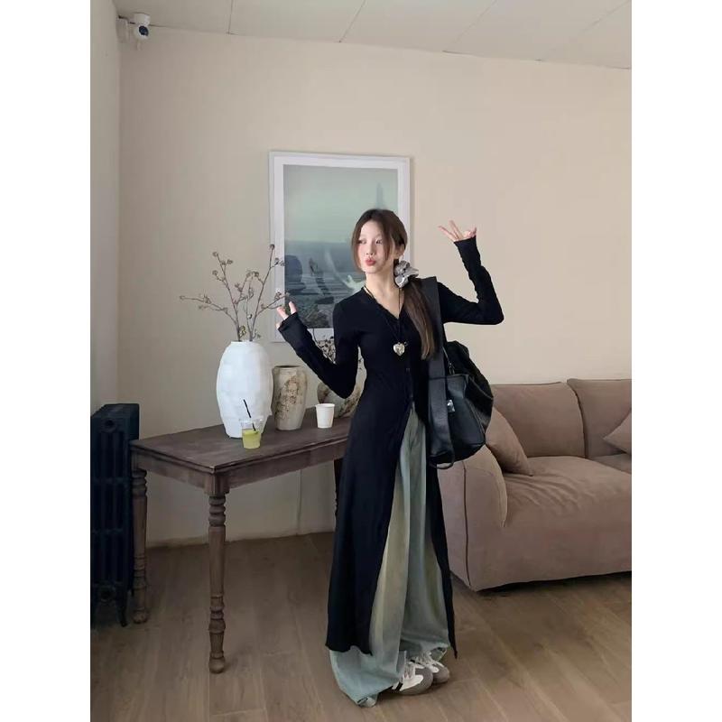 Product Introduction of Idle style V-neck long-sleeved cardigan single-breasted T-shirt skirt women's new fashionable elegant slim slimming mid-length top Casual Womenswear Dress Lingerie 10