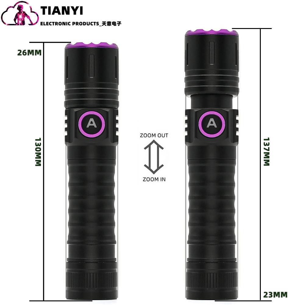 365nm Or 395nm UV Flashlight Zoom 5W Type C USB Rechargeable Black Light Money Detector Aluminum Alloy USB Charging Uv Torch_voghion.com