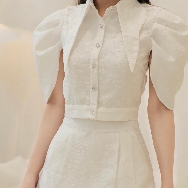 White Swan Set, áo crop cổ gợn sóng tay thiên nga và chân váy chữ A 3