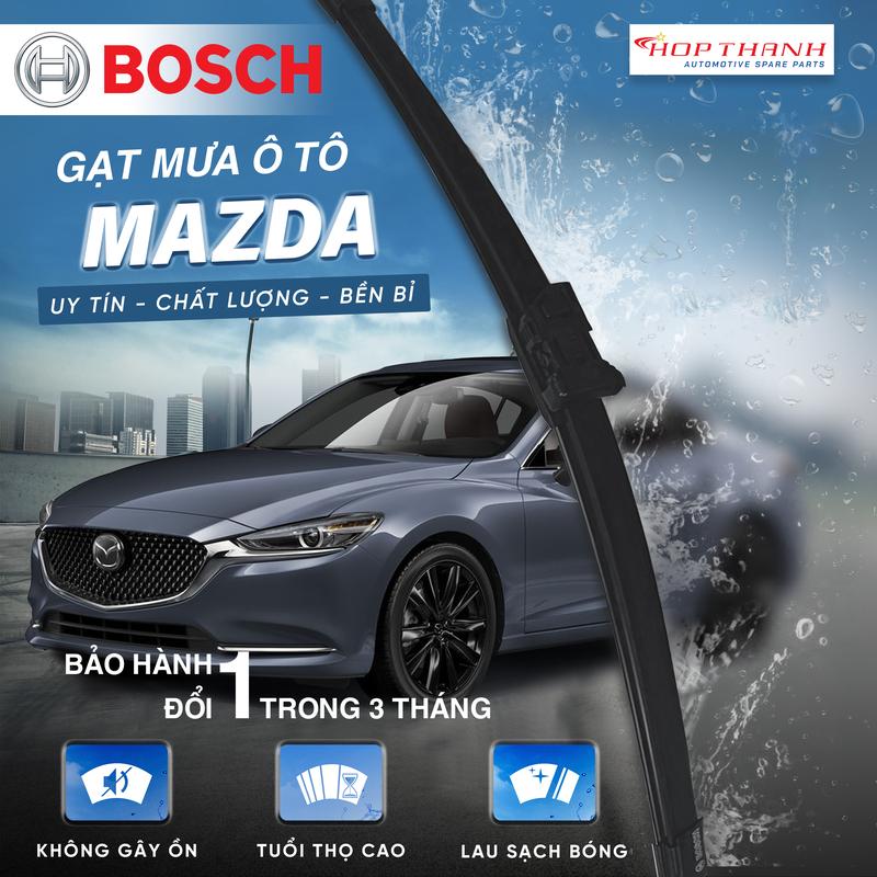 [MAZDA] Gạt mưa kính trước oto BOSCH chính hãng đa dạng thiết kế( Thân mềm, Thân mềm cao cấp) Công nghệ châu âu, Hiệu năng làm việc bền bỉ, gạt sạch bụi bẩn, êm ái, giữ cho kính lái luôn sạch bóng, phù hợp cho đa số Model( Mazda3, Mazda6, CX5..)