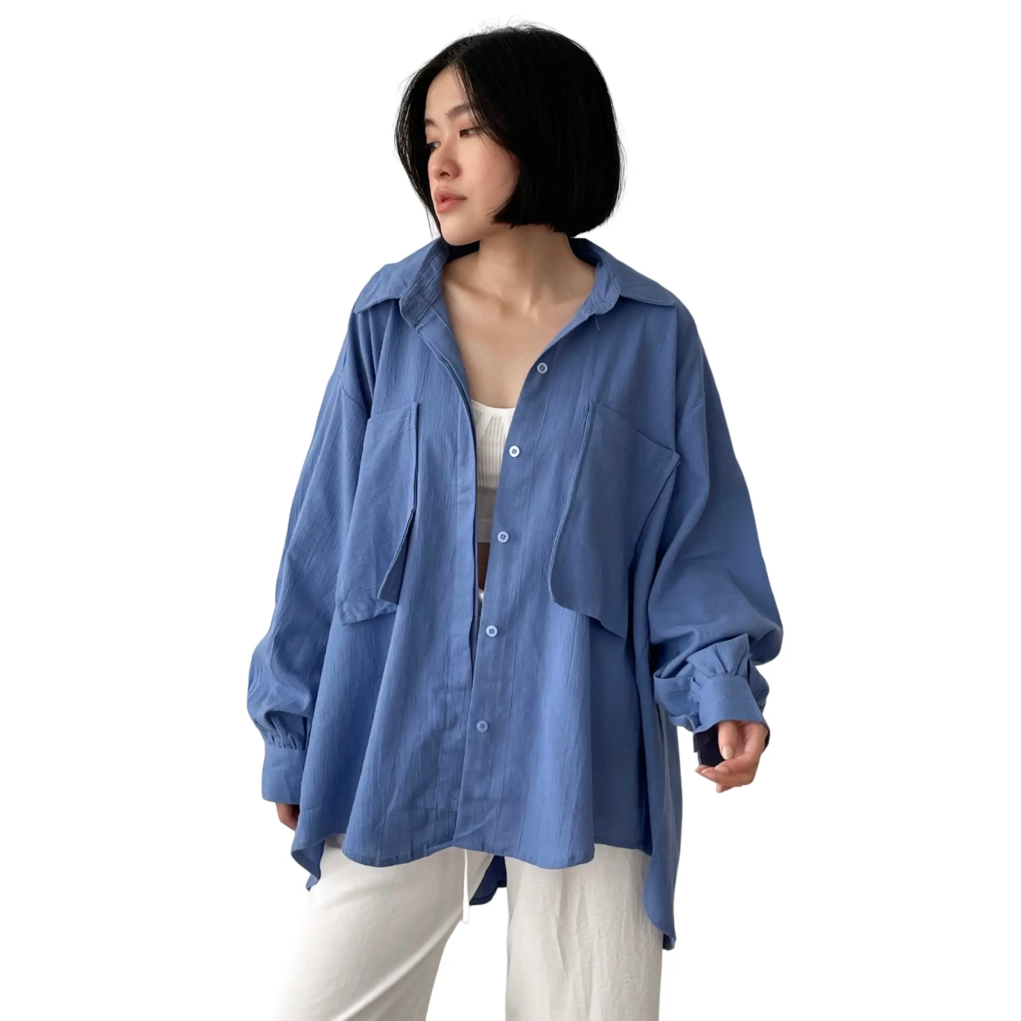 SIVALI Gea Top - Kemeja Oversize Wanita Linen Crinkle Premium Shirt Baju Atasan Wanita Lengan Panjang Dewasa dan Cewek Remaja Korea Style 9902 Basic