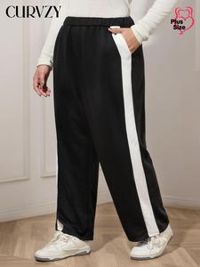 CURVZY Plus Size Colorblock Side Stripe Pocket Pants, Casual Comfy Trousers for Daily Wear, Women's Bottoms for All Seasons