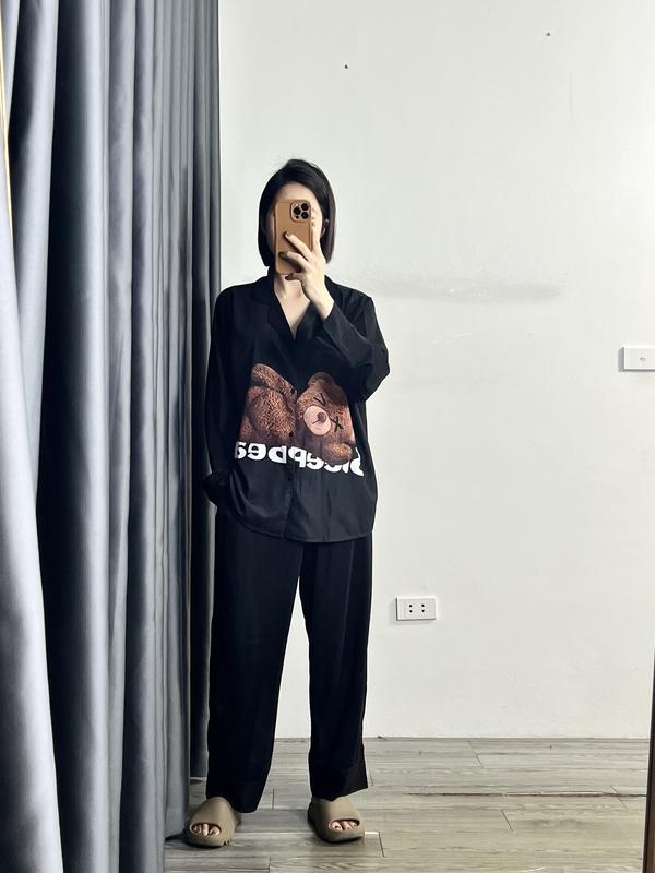Bộ Pijama Bigsize gấu nằm tay dài chất lụa mango ko nhăn mặc nhà giá rẻ dành cho nữ size từ 40kg đến 90kg.