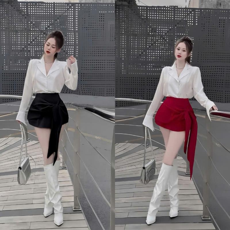 Set sơ mi vest tay dài phối chân váy A nơ lớn thanh lịch sang chảnh cho nữ diện đi chơi đi làm