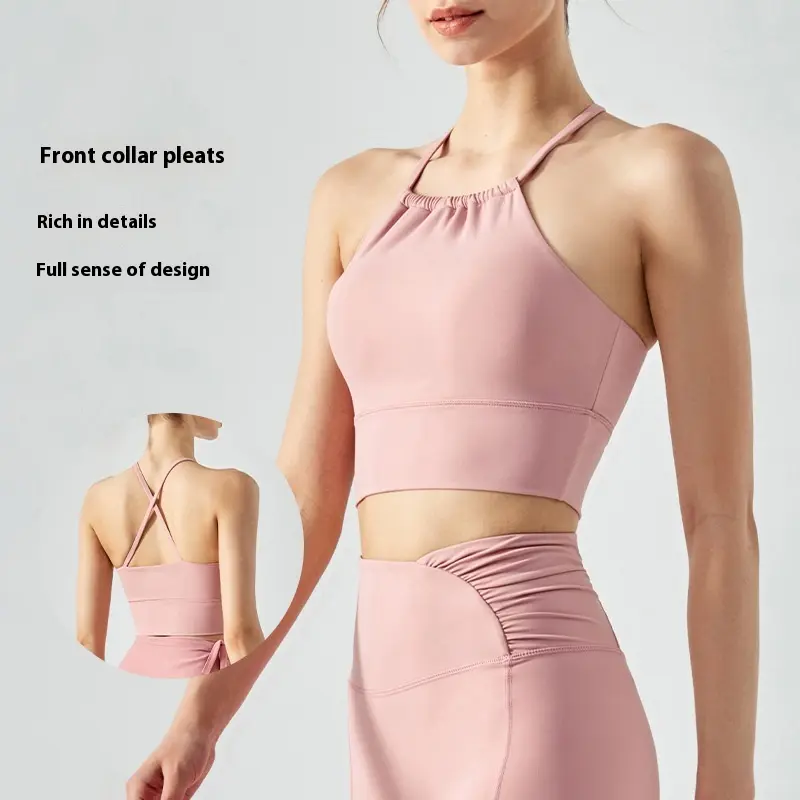 Áo Vest Tập Yoga, Xếp Ly Cổ Áo Trước, Có Đệm Ngực, Đồ Lót Thể Thao, Chống Sốc, Áo Tập Luyện Nữ, Áo Ngực Dây Đeo Spaghetti