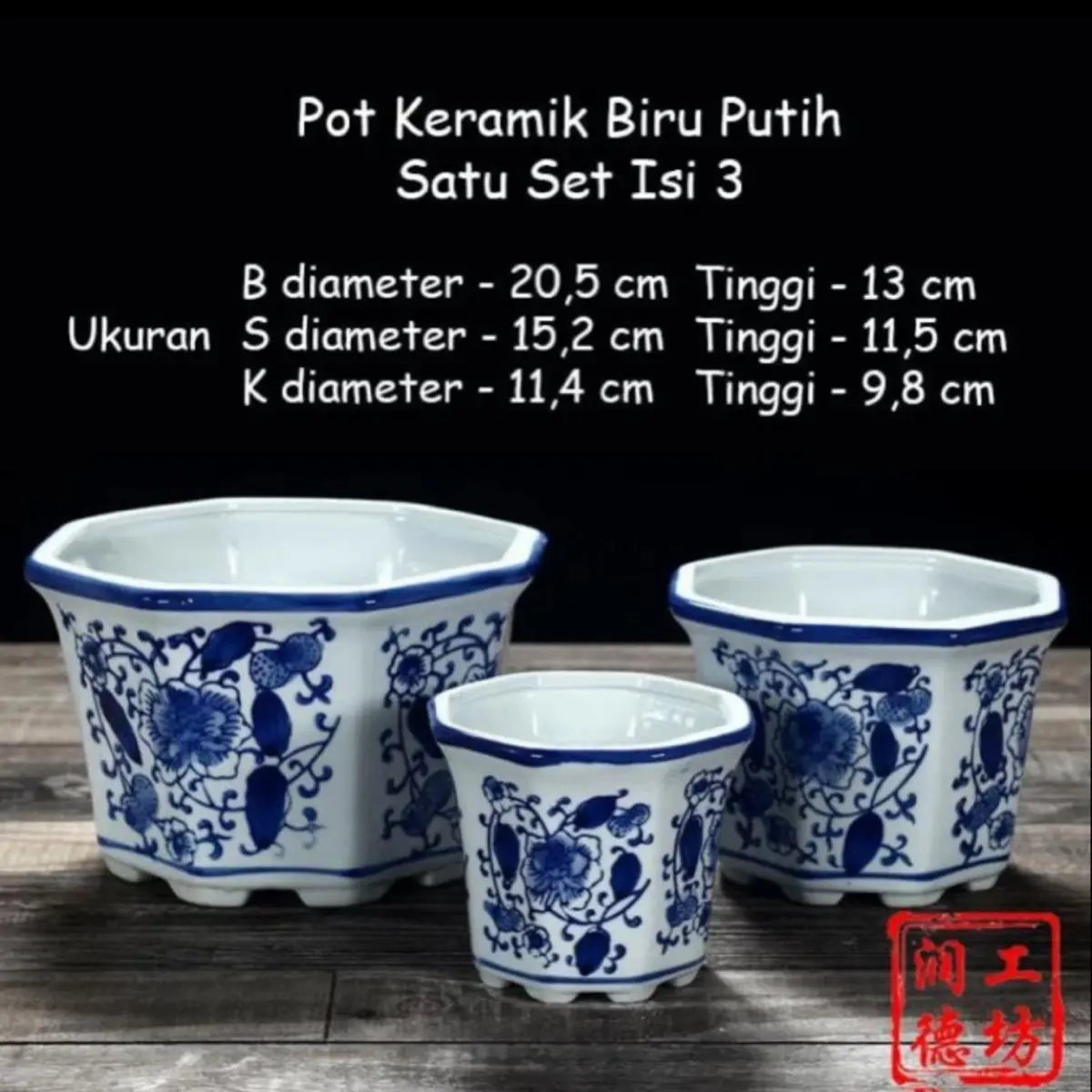 Pot Keramik Biru Putih 3Pcs Model Segi Enam/ Pot Keramik China Set 3