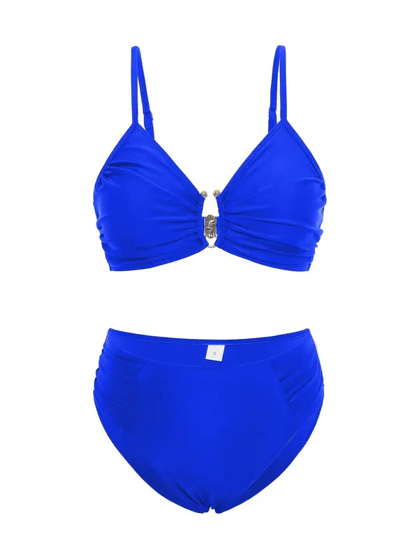 Two-piece Set Women's Plain Metal Ring  Lined  Bikini Set, Casual Fashion Chic Swimsuit Set for Beach Holiday Vacation, Ladies Swimwear for All Seasons 3
