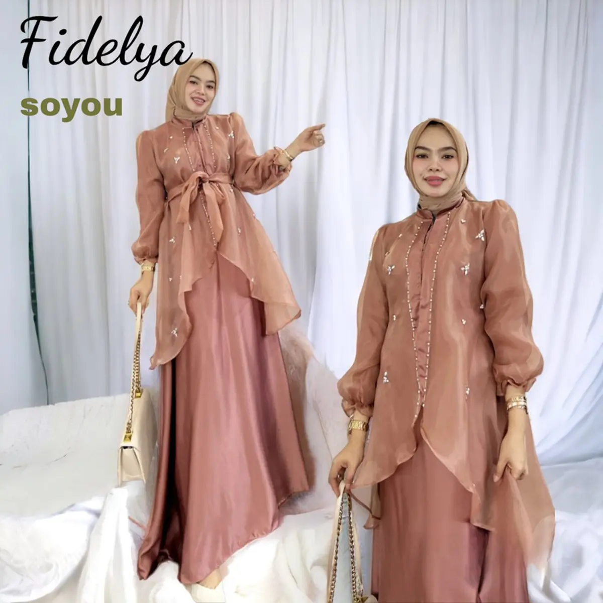 Fidelya Dress Maxy Maxmara Organza Gamis Pesta Wanita Prewedding Panjang aplikasi Mutiara Mewah Kondangan Lebaran 2024 Muslim Syari Maxi