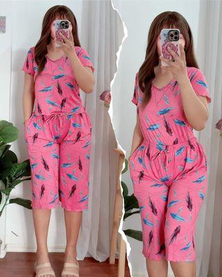 Product Introduction of Cotton Printed Leaves Lettuce Blouse Top and Wide-Leg Tokong Pants for Women fit up to XL - with two side pockets - Cotton Spandex Fabric - Comfort Womenswear 1
