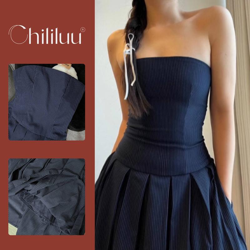 Váy cúp ngực Chililuu đầm quây kẻ sọc váy maxi dài xếp ly phong cách sang chảnh Nữ Women đầm jean váy tiệc - E95