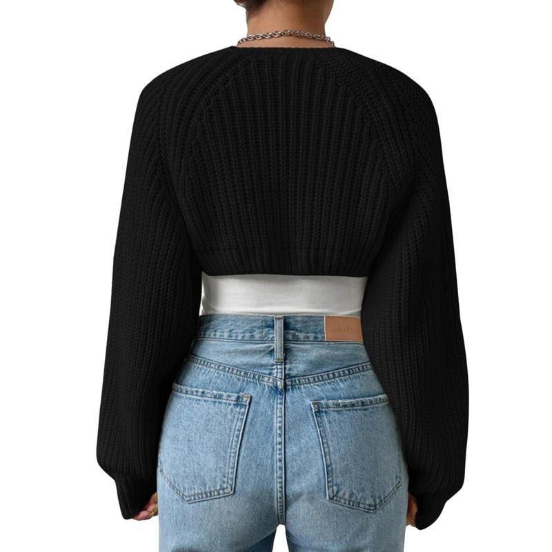 Women's Open Front Cropped Cardigan Long Sleeve Solid Color Ribbed Knit Shrug Sweater Bolero Tops 2