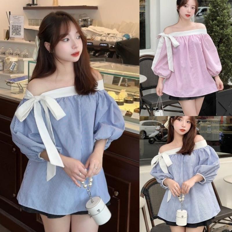 Áo trễ vai tiểu thư thắt nơ lệch tay bồng vải kẻ xinh xắn,áo sơ mi nữ trễ vai thời trang A696 SUTANO