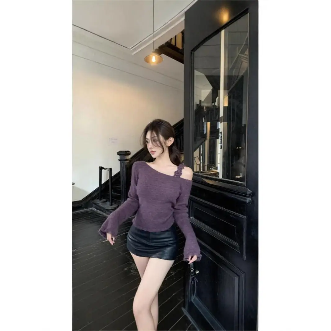 Áo Len Trễ Vai Dài Tay, Thiết Kế Hoa Ba Chiều Màu Tím, Quần Áo Nữ, Áo Len Mùa Thu, Áo Cô Gái Nóng Bỏng, Bán Chạy Women Top