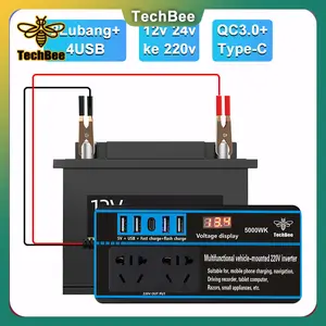 TechBee Power Inverter Klip Untuk Baterai 200W 12V 24V Ke 220V 2Lubang+4USB Lampu Kipas Angin Charger