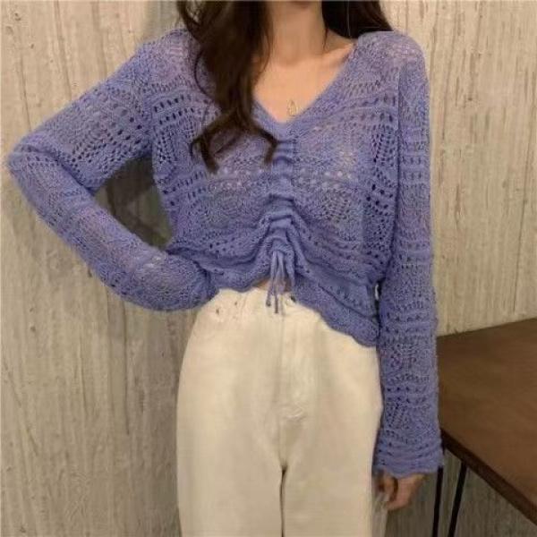 Product Introduction of Áo Len Lụa Lạnh Thiết Kế khoét Cổ Chữ V, Dành Cho Phụ Nữ, Mặc Mùa Hè, Mùa Xuân Và Mùa Thu, Tay Áo Dài, Thích Hợp Cho Các Cặp Ngoại Với Áo Cánh Điều Hòa Không Khí Mỏng, Áo Chống Nắng Ngắn 20