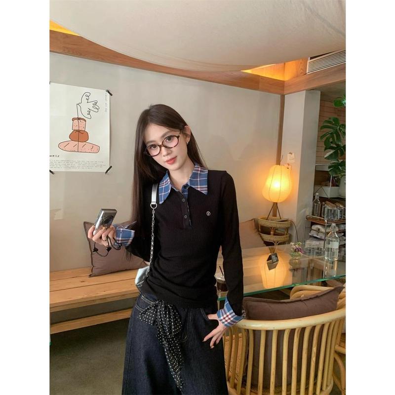 Áo Sơ Mi Lớp Nền Thiết Kế Đẹp Giả Hai Lớp, Họa Tiết Kẻ Sọc, Màu Tương Phản, Áo Len Polo, Áo Áo Chui Đầu Mùa Thu Cho Nữ, Áo Dài Tay, Hàng Mới Về, 2024 2