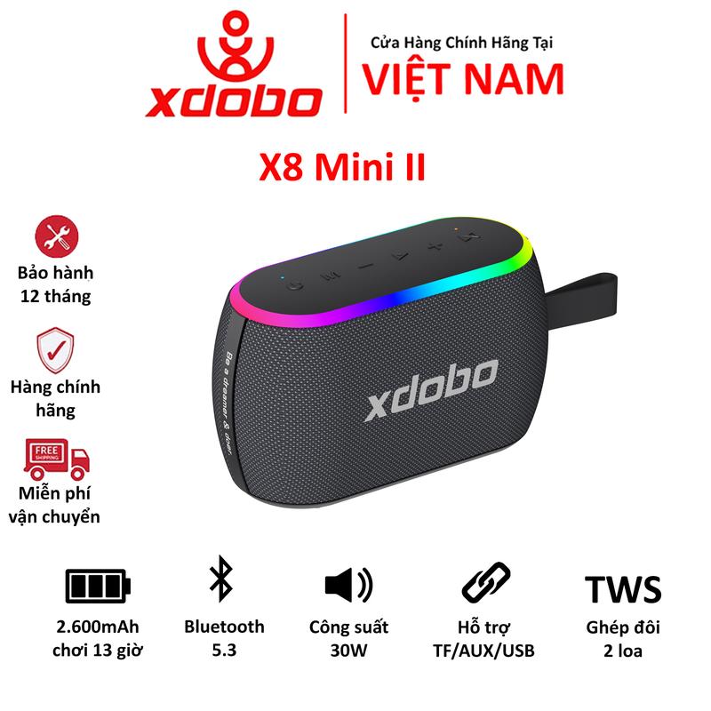  Xdobo Loa Bluetooth X8 Mini II 30W Pin 2600mAh LED RGB Hỗ trợ TF USB Bluetooth 5.3 TWS Chống nước IPX6 - Hàng Chính Hãng 