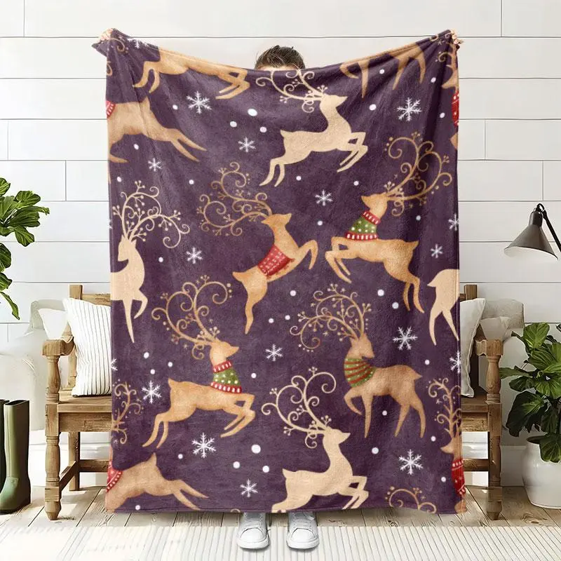 Elk & Snowflake Pattern Blanket, 1 Count Christmas Soft Air-conditioned Room Throw, Warm Nap Blanket for Home Office Travel Camping 0