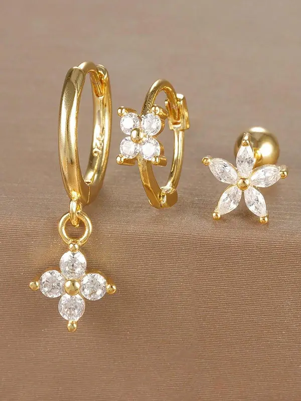 Flower Design Rhinestone Decorated Stud Earrings & Hoop Earrings, Fashionable Jewelry for Women, Trendy All-match & Exquisite Jewelry for Birthday Gift 4