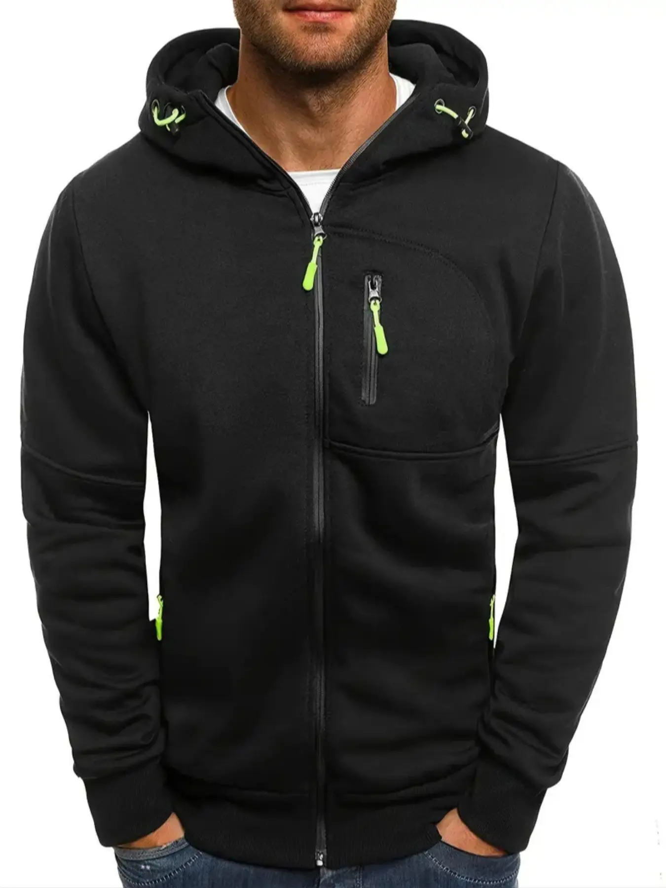Men's Solid Zip Up Hooded Jacket, Loose Casual Long Sleeve Pocket Outerwear for Spring & Fall, Fashion Men's Clothes for Daily Wear